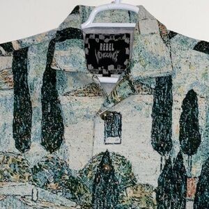 REBEL VENGEANCE TAPESTRY ITALIAN VILLAGE LANDSCAPE WOVEN SHORT SLEEV SHIRT M NWT